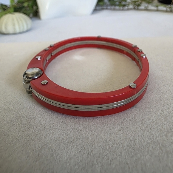 Unique Red Acrylic and Silver Stainless Steel Handcuff Style Bracelet - Picture 5 of 12